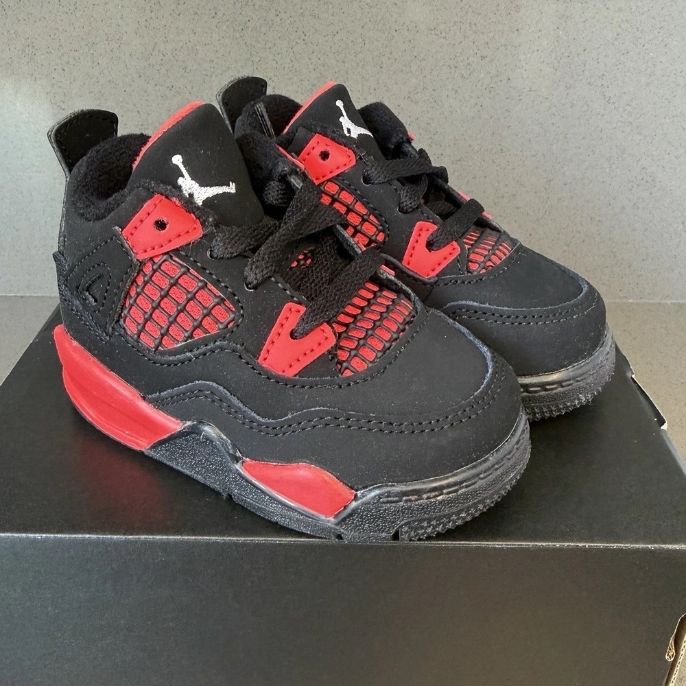 Nike Air Jordan 4 Retro TD Black‎ Red Toddler 5C BQ7670-016 Sneakers